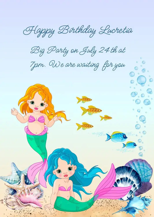 Twin baby mermaids with shells and starfish on the seabed. Printable birthday card for girls 8-12.