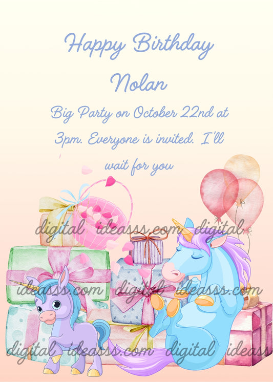 Two colorful unicorns with gift boxes, balloons and basket full of hearts. Printable birthday card for kids 1-10. 
