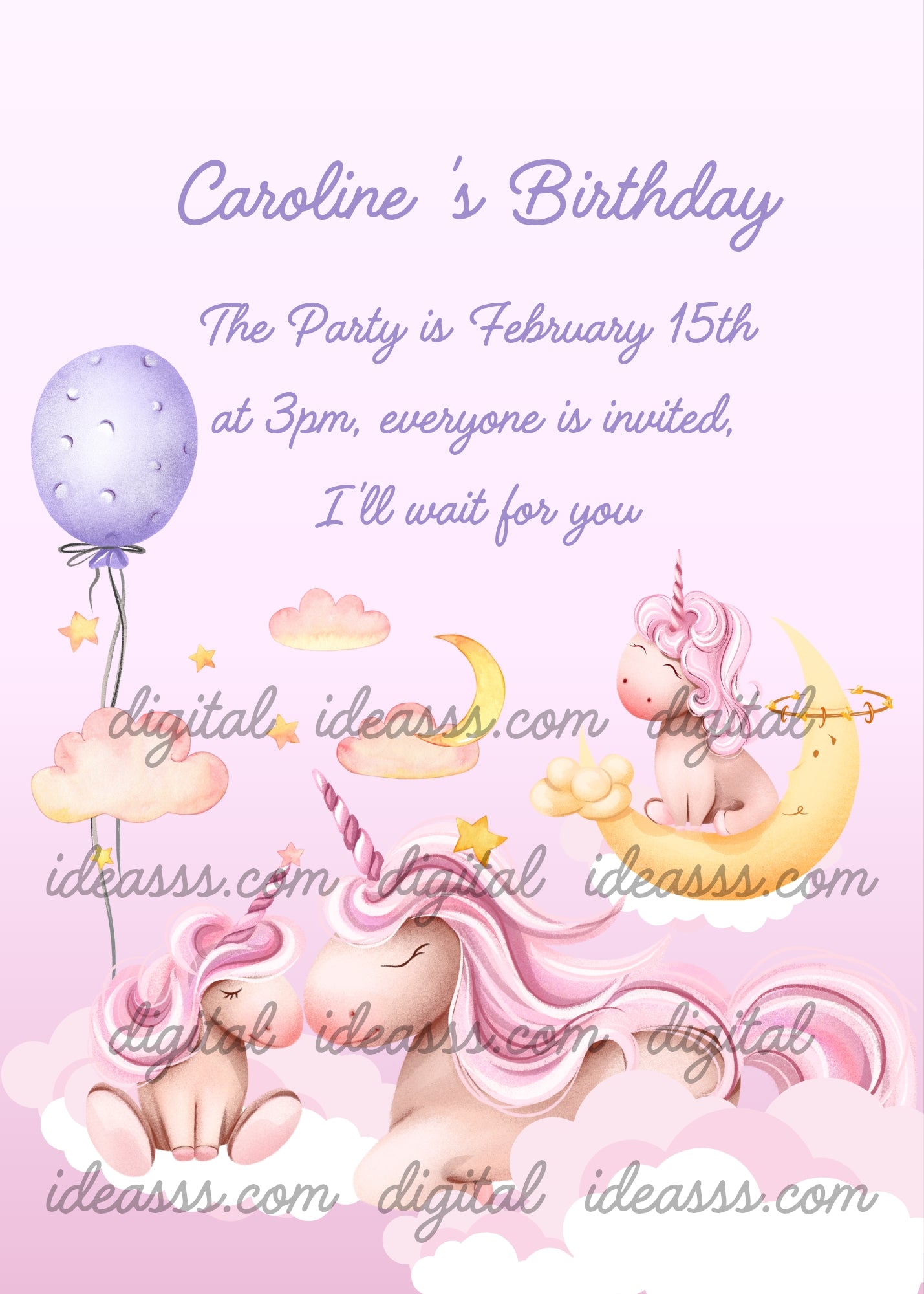 Mother unicorn with her babies in the clouds. One is on the moon. Dominant color pink. Printable birthday card for
 kids 1-10. 