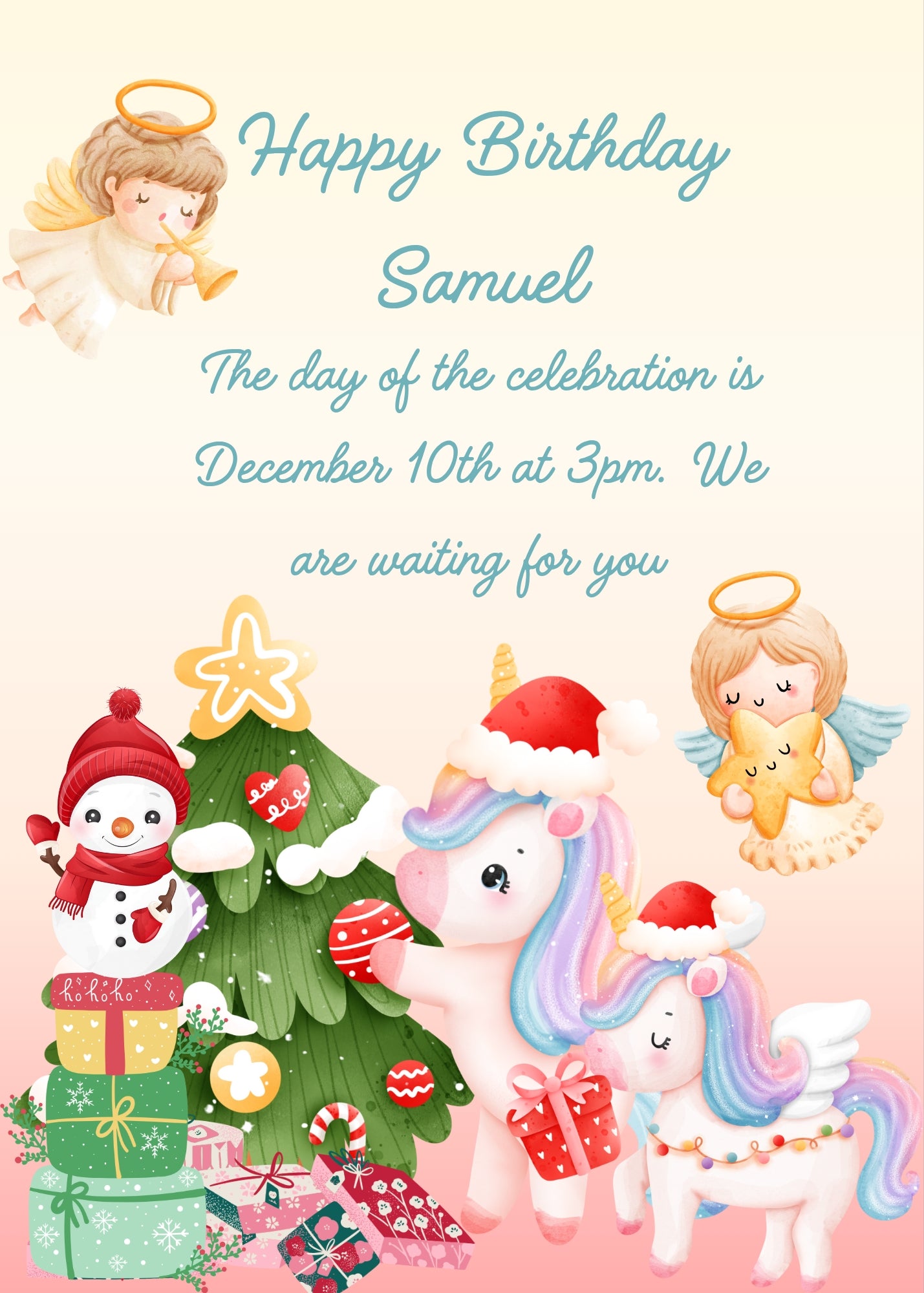 Two unicorns with red hats, are preparing gifts and Christmas tree. Two little angels in the backgound. Printable birthday Christmas card for kids 1-9.
