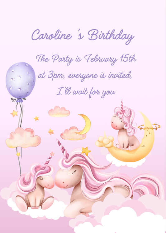 Mother unicorn with her babies in the clouds. One is on the moon. Dominant color pink. Printable birthday card for
 kids 1-10.