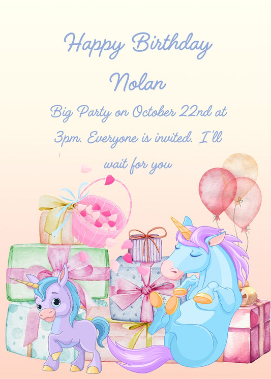 Two colorful unicorns with gift boxes, balloons and basket full of hearts. Printable birthday card for kids 1-10.