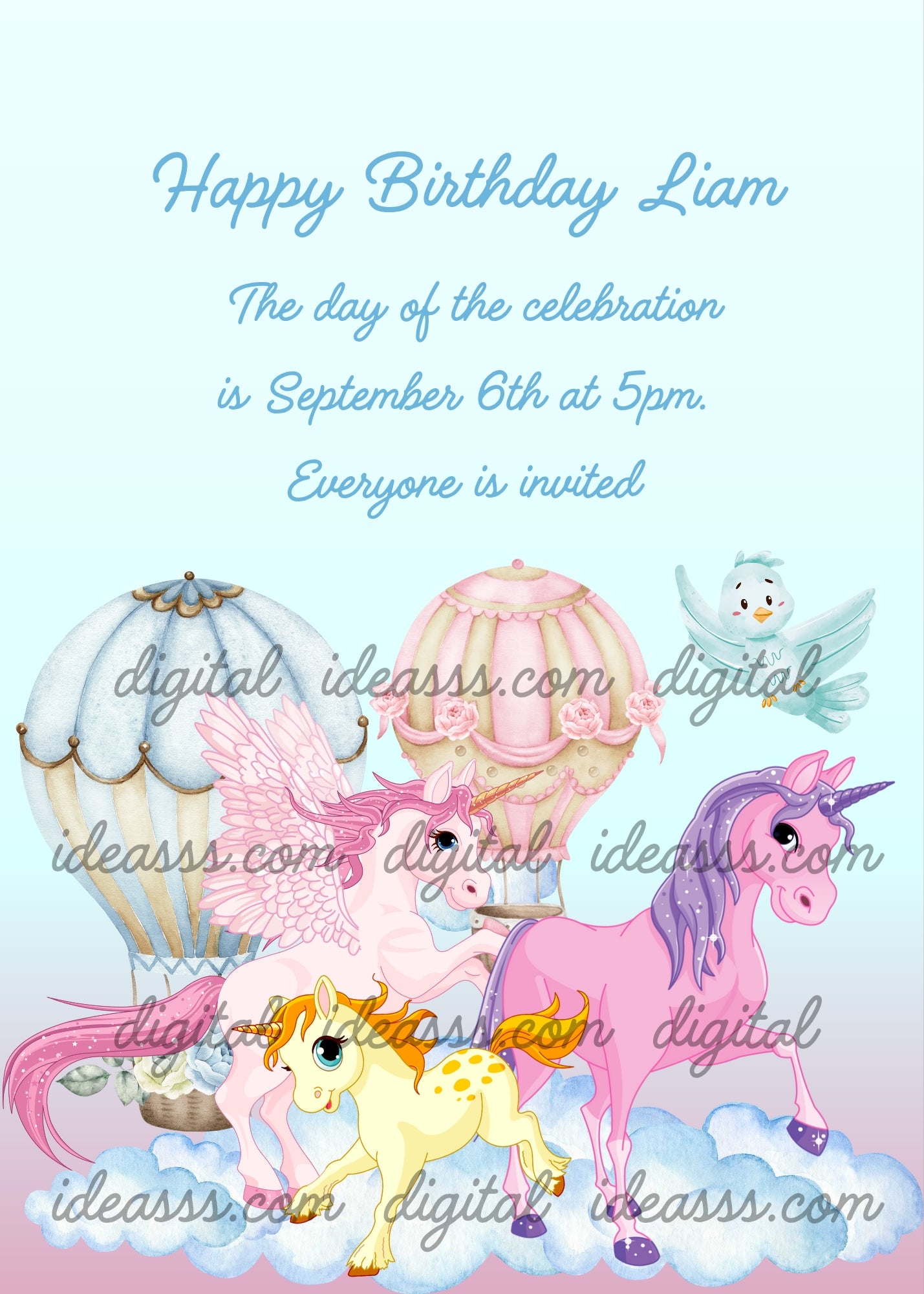Colorful unicorns among clouds and hot air balloons, a little bird is surprised to see them. Printable birthday card for kids 1-9. 