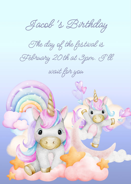 Two unicorns among rainbow clouds moon and stars. Dedicated to the  little ones. Printable birthday card for kids 1-7.