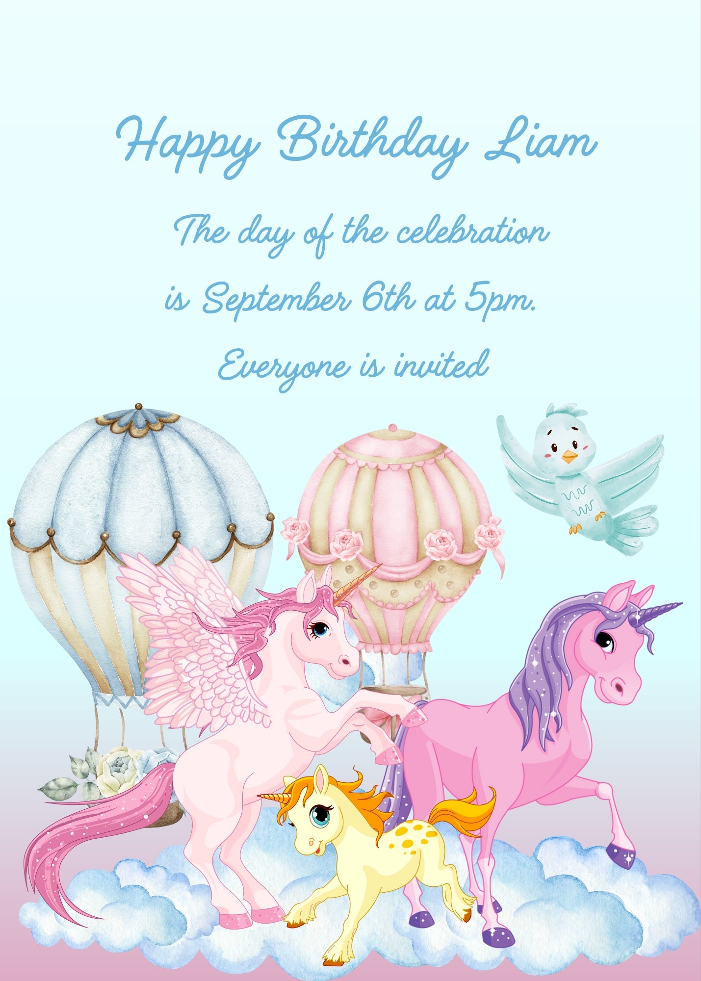 Colorful unicorns among clouds and hot air balloons, a little bird is surprised to see them. Printable birthday card for kids 1-9.