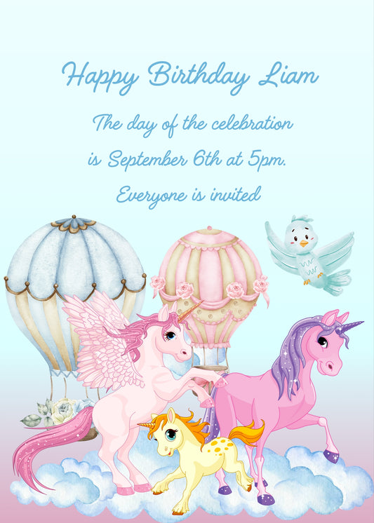 Colorful unicorns among clouds and hot air balloons, a little bird is surprised to see them. Printable birthday card for kids 1-9.