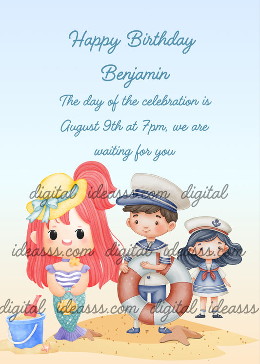 A beach, and two children. The boy approaches a strange little girl with a purse and hat. But she's not a little girl, she's a little mermaid!! Printable birthday card for kids 5-12. 