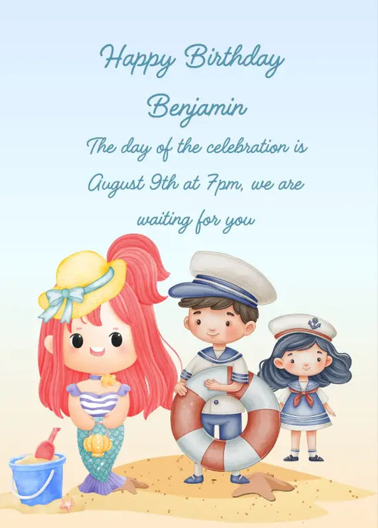 A beach, and two children. The boy approaches a strange little girl with a purse and hat. But she's not a little girl, she's a little mermaid!! Printable birthday card for kids 5-12.