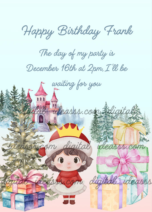 Princess dressed as Santa Claus in a snowy forest, lots of gift packages and castle in the background. Printable birthday & Christmas card for kids 5-12.