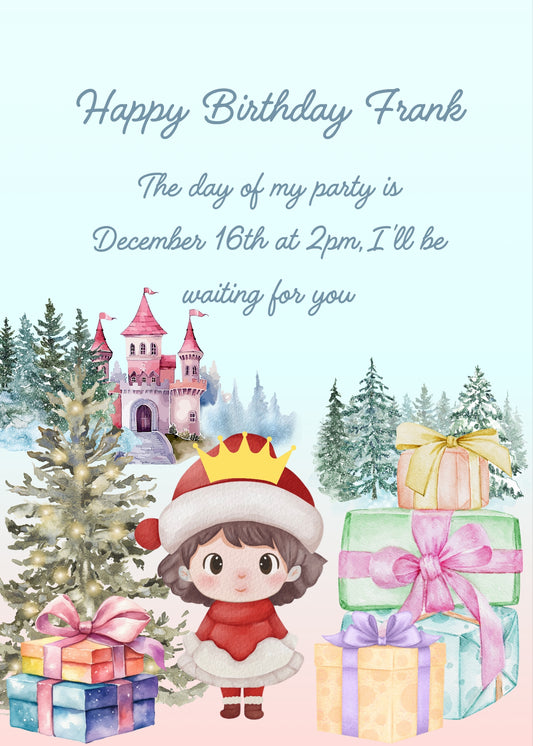 Princess dressed as Santa Claus in a snowy forest, lots of gift packages and castle in the background. Printable birthday Christmas card for kids 5-12.