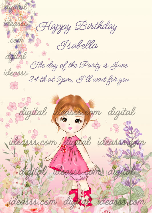 Cute little girl in pink dress surrounded by wildflowers. Printable birthday card for girls 1-12.