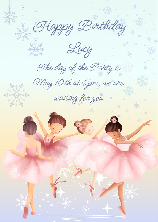 The Nutcraker "The snow walz". Pink ballerinas dance, with snowflakes in the background. Printable birthday card for girls 8-14.