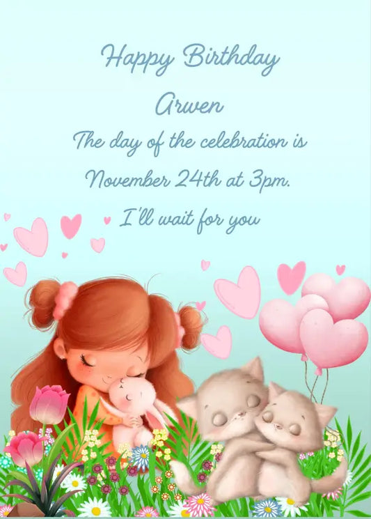 Little girl in a meadow hugs her favorite toy. Two kittens imitate her by hugging each other. Printable birthday card for kids 1-9.