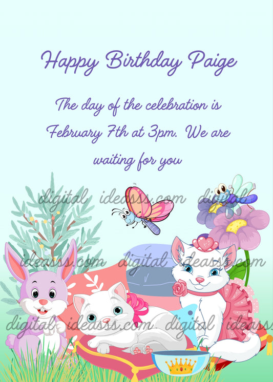 Two kittens in the garden on cushions. The kitten has cute accessories. A bunny shows off its surprise. Printable birthday card for kids 5-12.