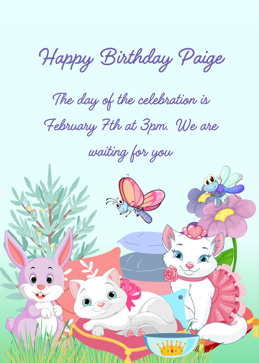 Two kittens in the garden, sitting on cushions; a kitten shows off various accessories. A bunny looks on in amazement. Printable birthday card for kids 5-12.
