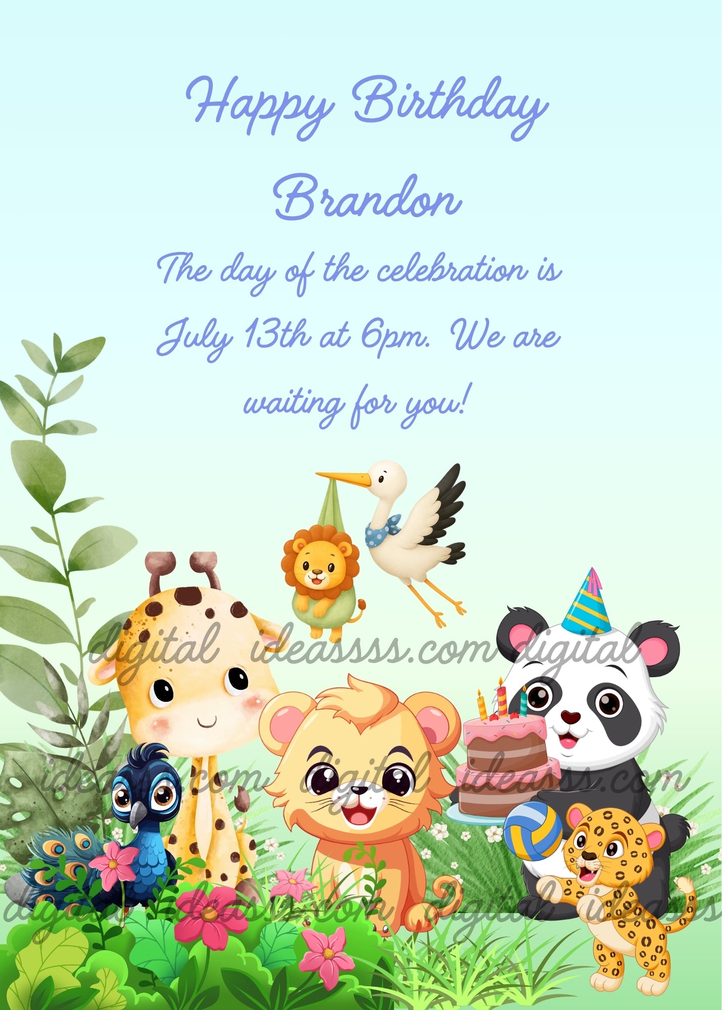 A panda with a birthday cake celebrates with jungle animals, while a stork carries a little lion to join the party. Printable birthday card for kids 1-8. 