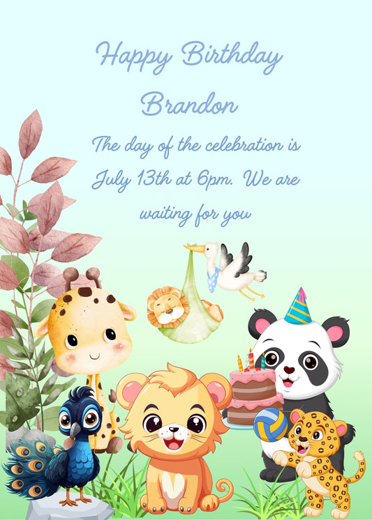 A panda with a cake, to celebrate with other jungle animals, the little lion that a stork is carrying among them. Printable birthday card for kids 1-8.