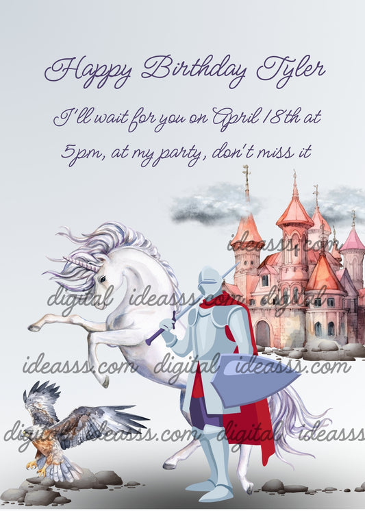 Knight in armor with his white unicorn, and falcon. In the background castle and clouds. Printable birthday card for boys
 8-14.