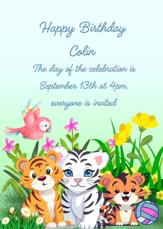 Three tiger cubs. One is surprised to see his little brother with white fur and blue eyes. Printable birthday card for kids 1-9.