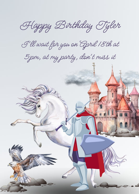 Knight in armor with his white unicorn, and falcon. In the background castle and clouds. Printable birthday card for boys
 8-14.