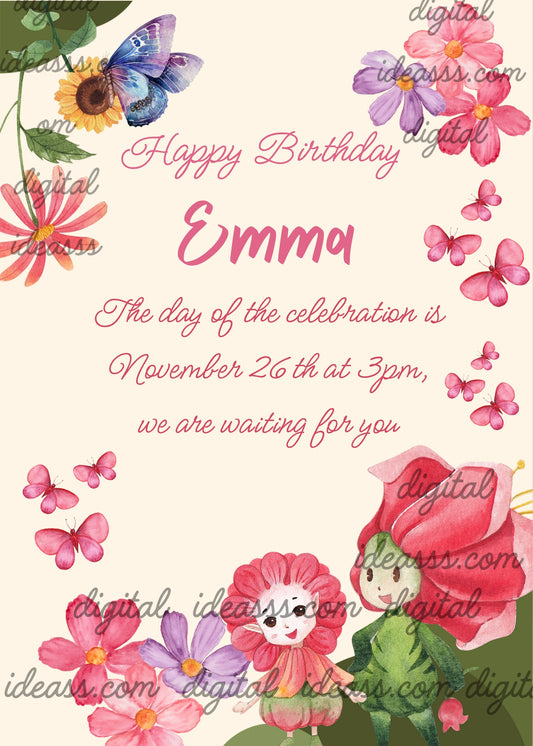 Two funny and cute flowers with eyes, nose and mouth, in the foreground. The corners are decorated with other flowers. Printable birthday card for girls 6-12. 