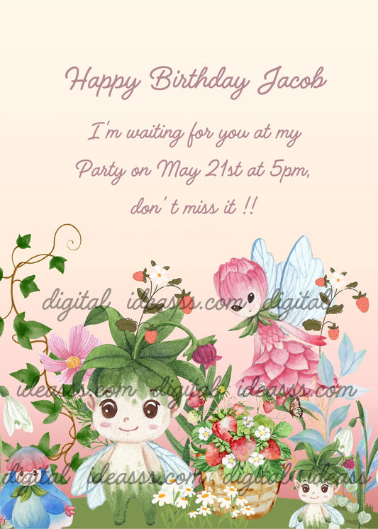 A meadow with strawberry plants with eyes, nose and mouth. A basket with stawberries, and a pink elf in flight. Printable birthday card for kids 7-12. 