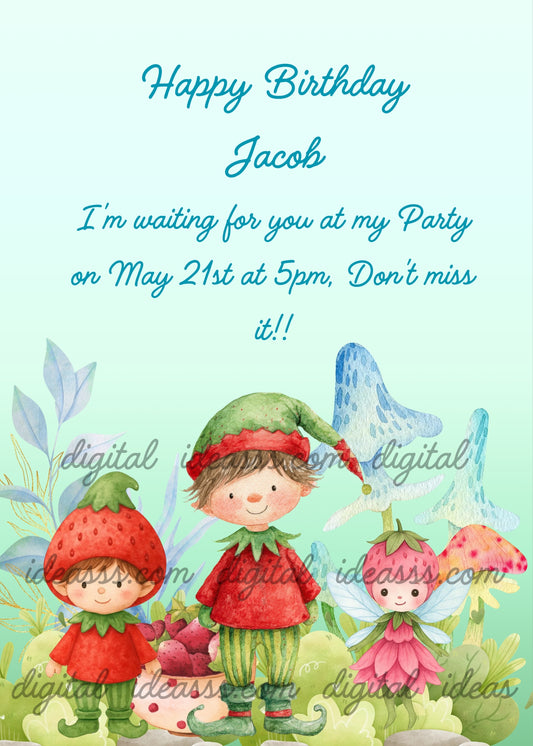 Meadow with elves/strawberry basket with strawberries and colorful mushrooms. Printable birthday card for children 3-8.