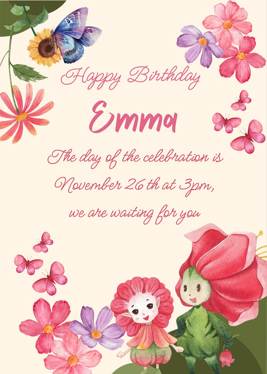 Two funny and cute flowers with eyes, nose and mouth, in the foreground. The corners are decorated with other flowers. Printable birthday card for girls 6-12.