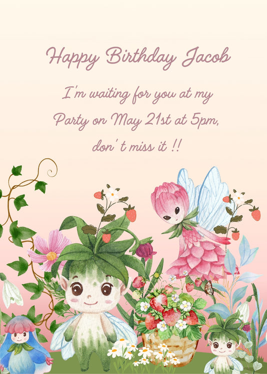 A meadow with strawberry plants with eyes, nose and mouth. A basket with stawberries, and a pink elf in flight. Printable birthday card for kids 7-12.