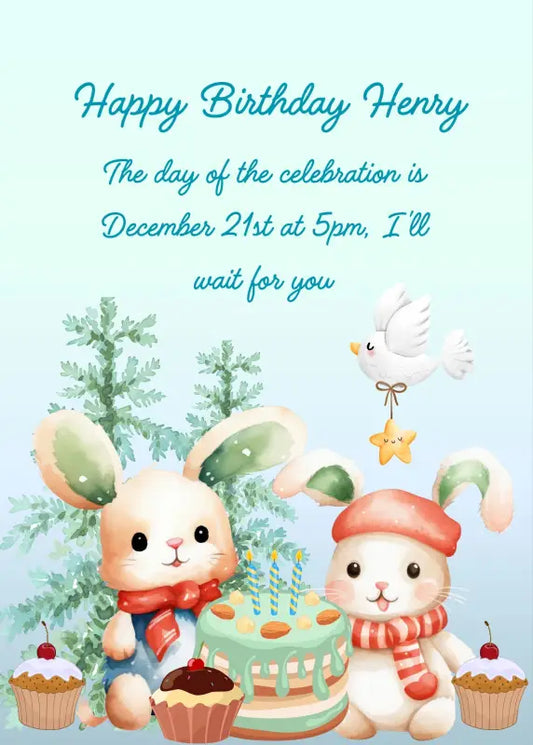 Two bunnies, with winter clothes we celebrate Christmas with cake and cupcakes. Printable birthday  Christmas card for kids 1-9.