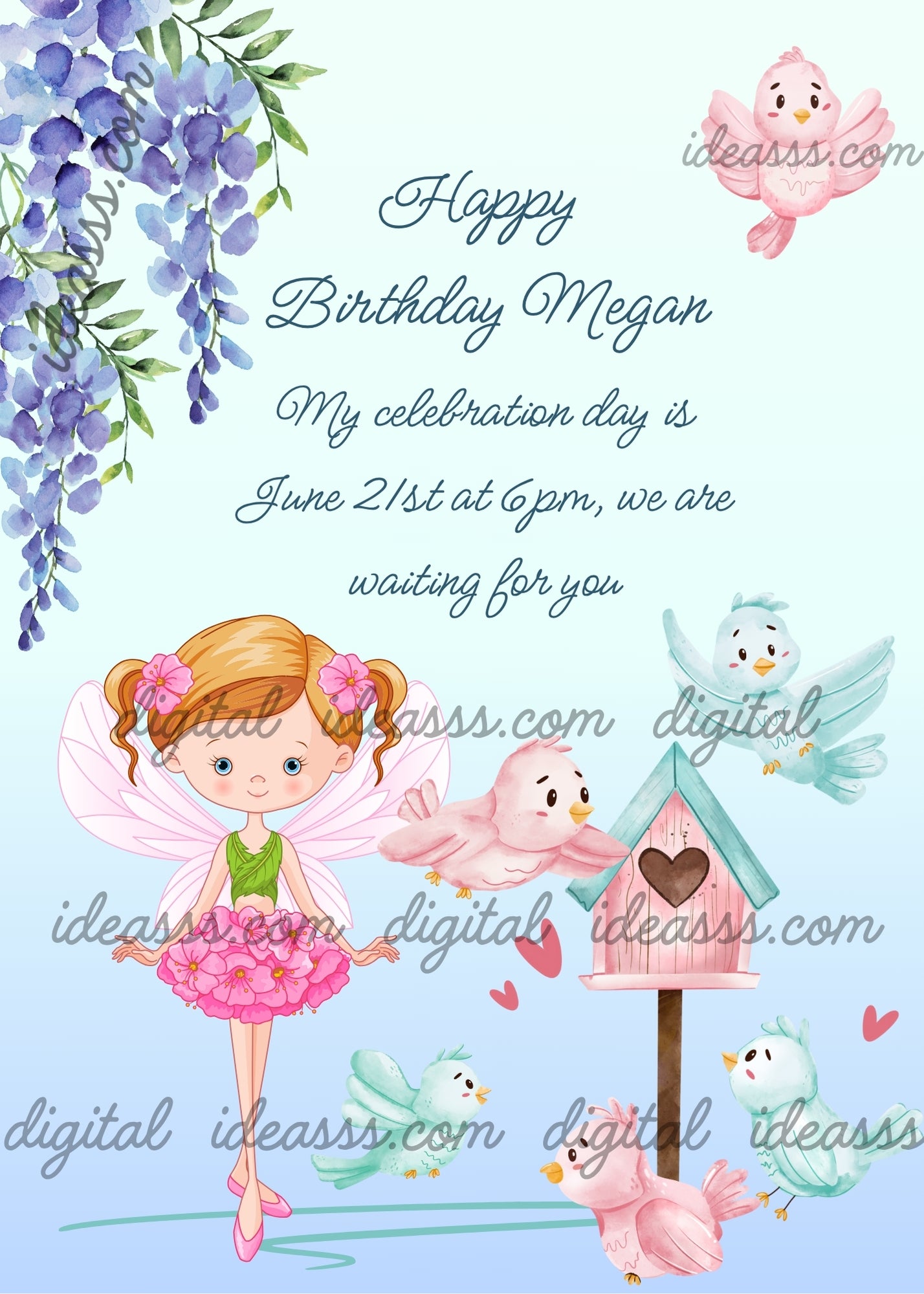Pretty pink fairy, little house with colorful birds, Wisteria flowers on one side. Printable birthday card for girls 8-14.