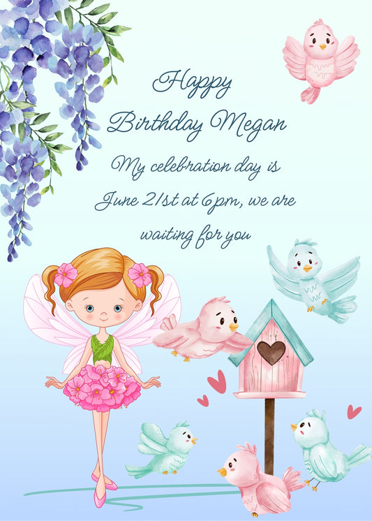 Pretty pink fairy, little house with colorful birds, Wisteria flowers on one side. Printable birthday card for girls 8-14.